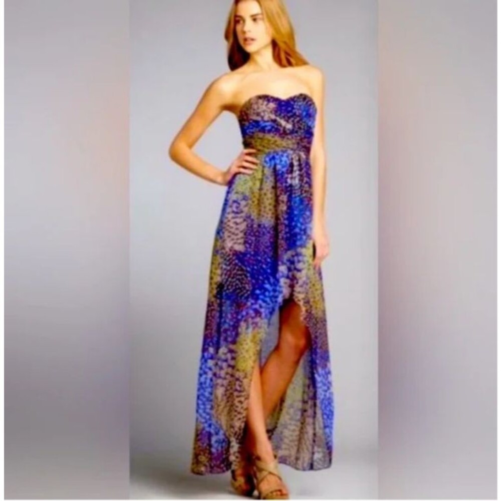 Max & Cleo Strapless High Low Maxi Dress Blue Peacock Print size 10